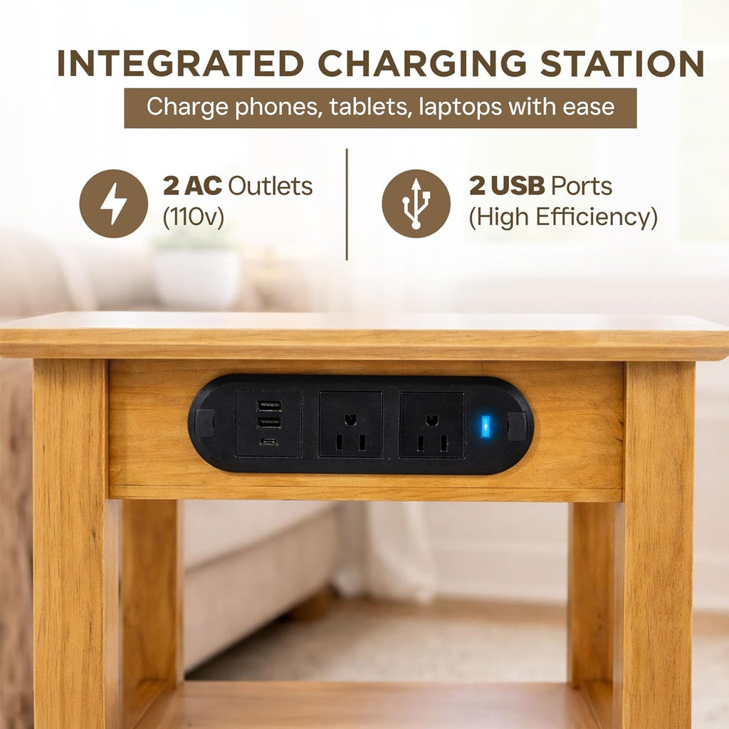 Small Solid Wood End Table With Charging Station