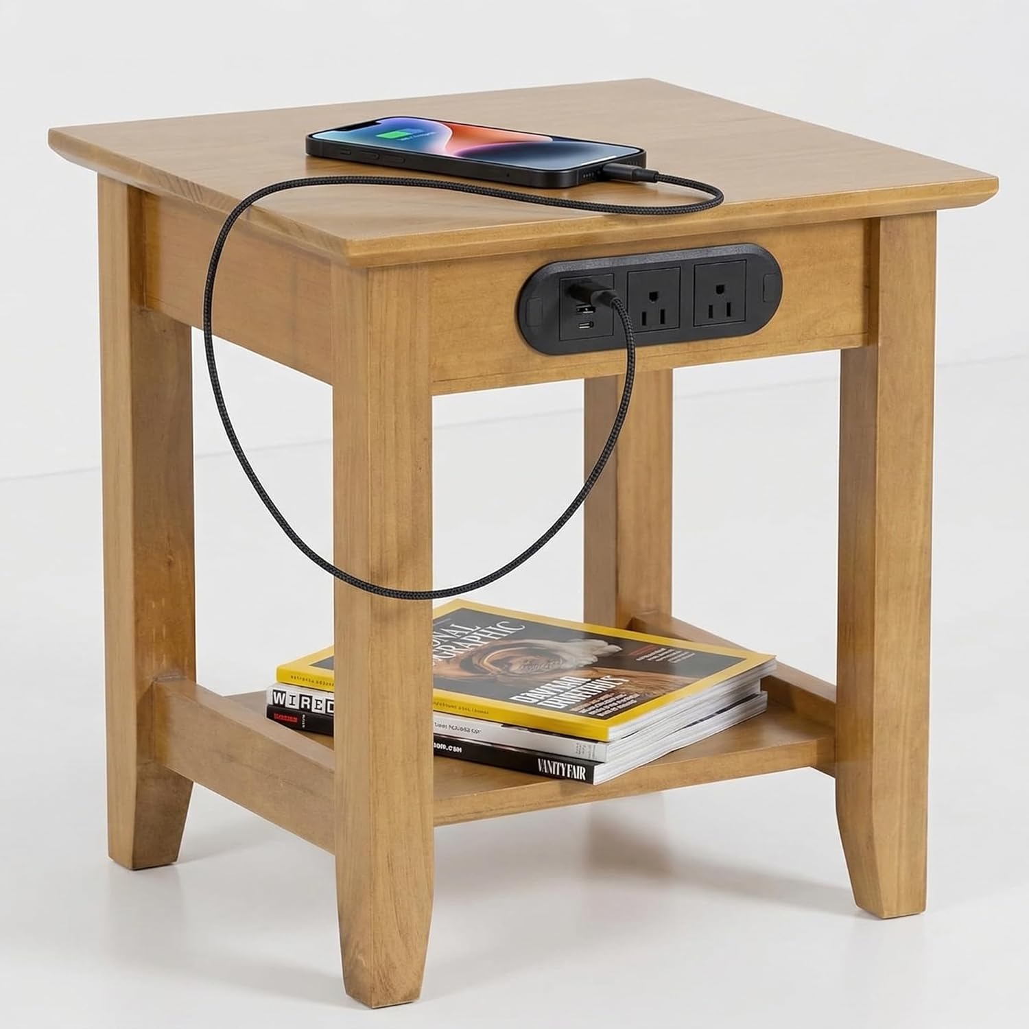 Small Solid Wood End Table With Charging Station