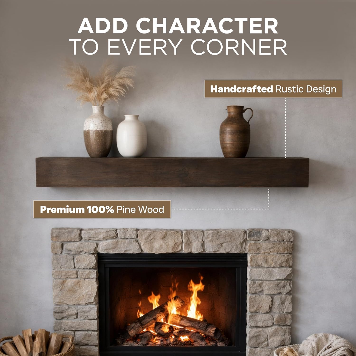 Solid Wood Fireplace Mantel Shelf, 3-FT