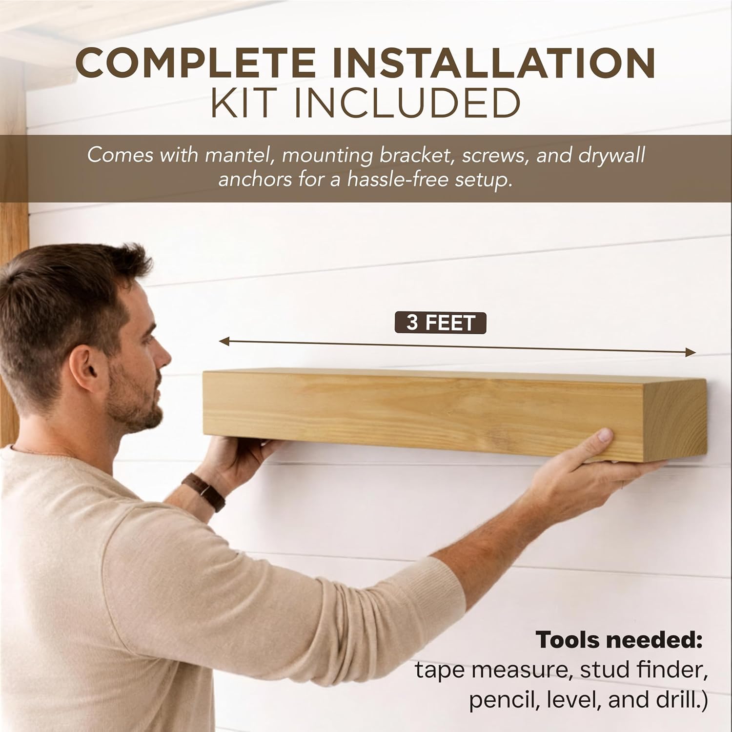 Solid Wood Fireplace Mantel Shelf, 3-FT